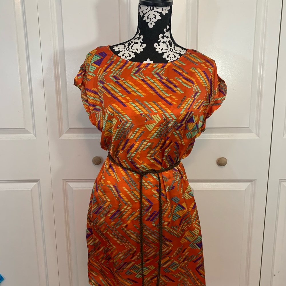 Orange Silky Geometric Dress. Petite